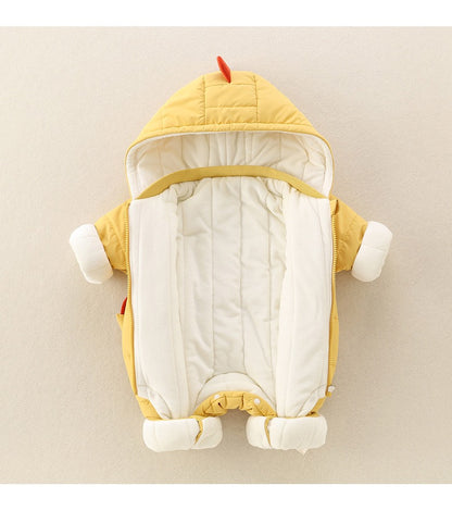 Yellow Baby Hooded Romper Cute Padded Jumpsuit with Cartoon Print