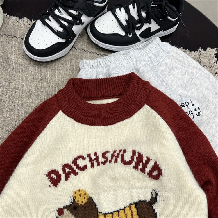 Boys Red and White Knit Sweater Colorblock Pullover with Puppy Print