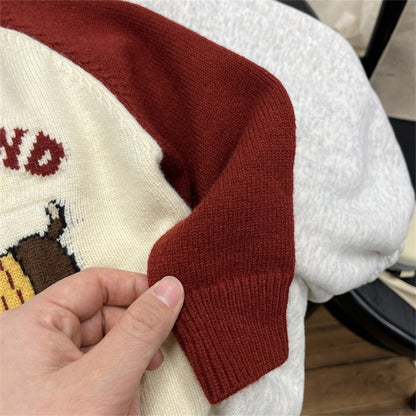 Boys Red and White Knit Sweater Colorblock Pullover with Puppy Print