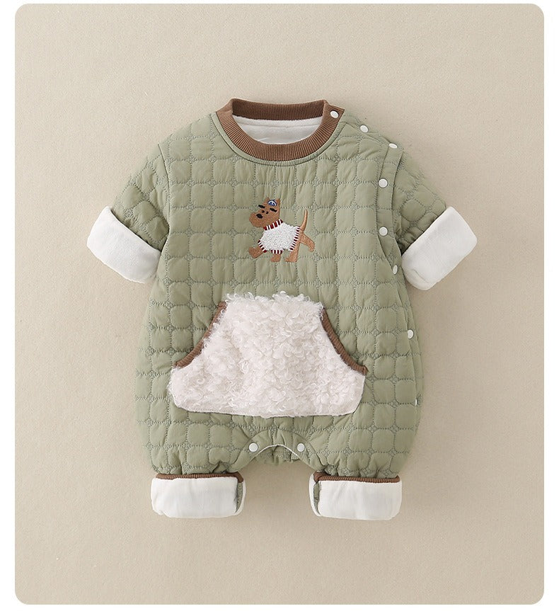 Green Quilted Baby Boys Romper Plush-Lined One-Piece with Cute Dog Pattern