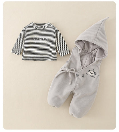 Baby Boy 2-Piece Set Hooded Quilted Top & Pants Outfit with Stripe & Cartoon Print