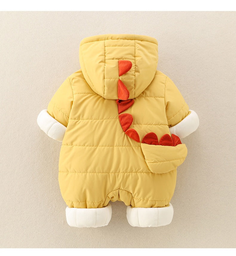 Yellow Baby Hooded Romper Cute Padded Jumpsuit with Cartoon Print