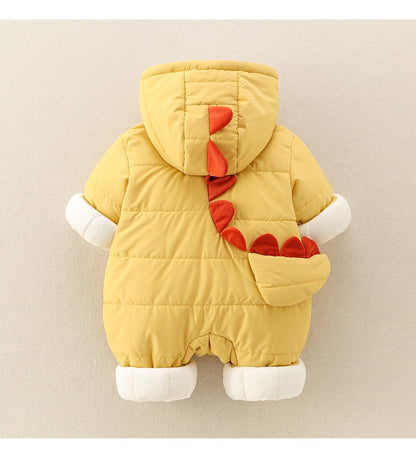 Yellow Baby Hooded Romper Cute Padded Jumpsuit with Cartoon Print