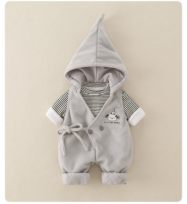 Baby Boy 2-Piece Set Hooded Quilted Top & Pants Outfit with Stripe & Cartoon Print