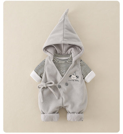 Baby Boy 2-Piece Set Hooded Quilted Top & Pants Outfit with Stripe & Cartoon Print