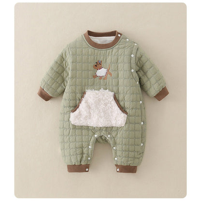 Green Quilted Baby Boys Romper Plush-Lined One-Piece with Cute Dog Pattern