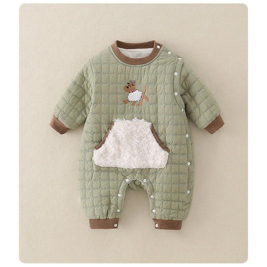 Green Quilted Baby Boys Romper Plush-Lined One-Piece with Cute Dog Pattern