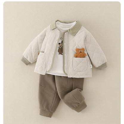 Baby Boys' 3-Piece Set Quilted Bear Print Jacket and Long Sleeve Shirt & Pants
