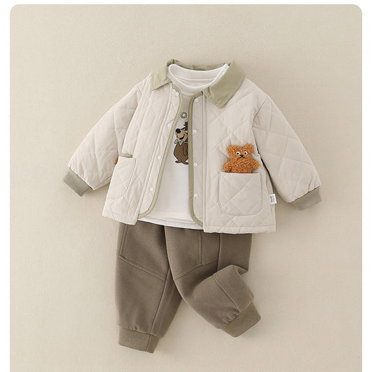 Baby Boys' 3-Piece Set Quilted Bear Print Jacket and Long Sleeve Shirt & Pants