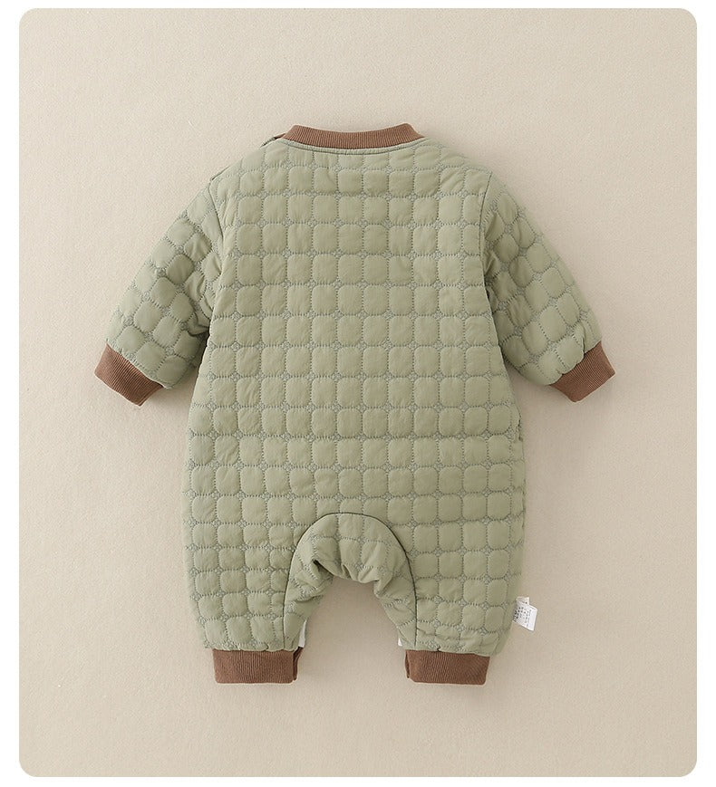 Green Quilted Baby Boys Romper Plush-Lined One-Piece with Cute Dog Pattern