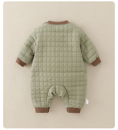 Green Quilted Baby Boys Romper Plush-Lined One-Piece with Cute Dog Pattern