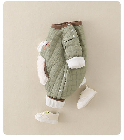 Green Quilted Baby Boys Romper Plush-Lined One-Piece with Cute Dog Pattern