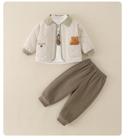 Baby Boys' 3-Piece Set Quilted Bear Print Jacket and Long Sleeve Shirt & Pants