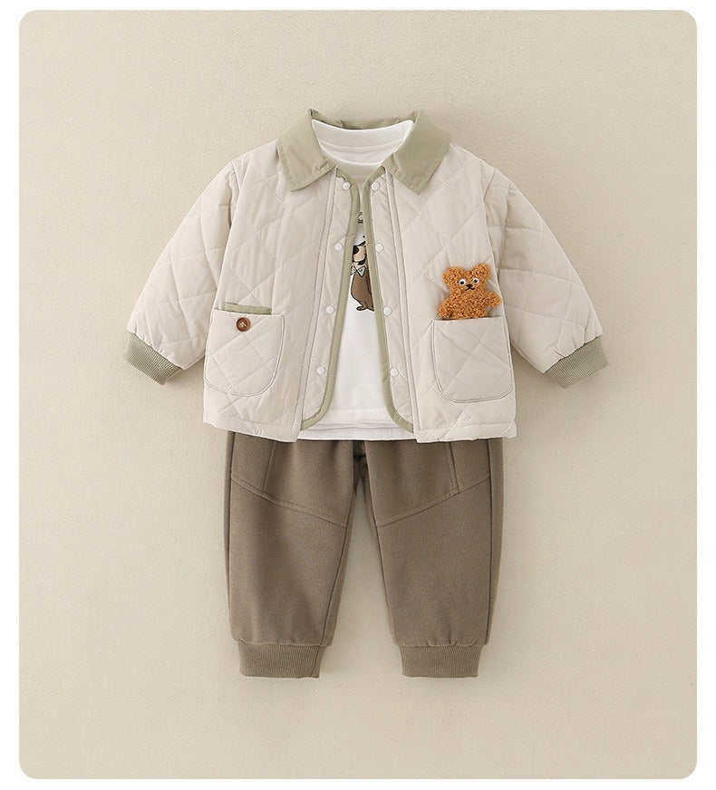 Baby Boys' 3-Piece Set Quilted Bear Print Jacket and Long Sleeve Shirt & Pants