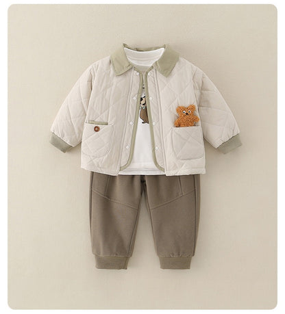 Baby Boys' 3-Piece Set Quilted Bear Print Jacket and Long Sleeve Shirt & Pants