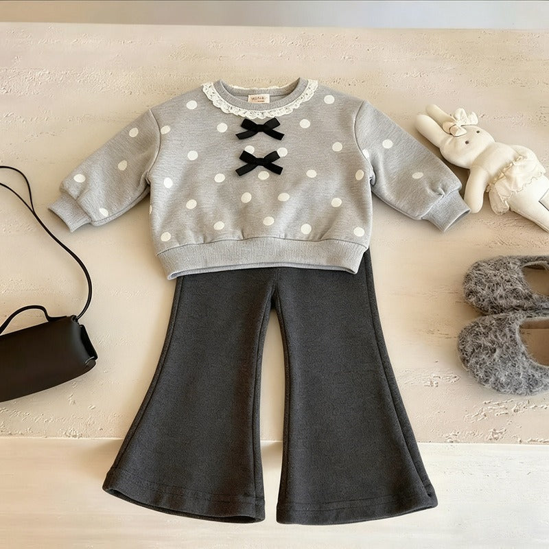 Girls Two-Piece Outfit Set Grey Polka Dot Top with Bow Detail & Black Bell Bottom Pants
