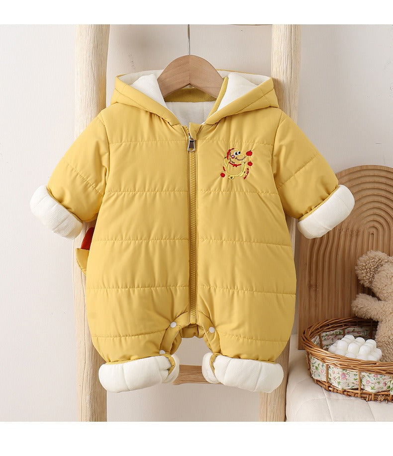 Yellow Baby Hooded Romper Cute Padded Jumpsuit with Cartoon Print