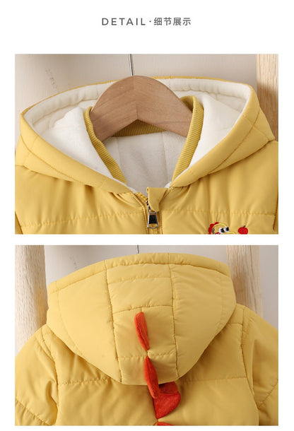 Yellow Baby Hooded Romper Cute Padded Jumpsuit with Cartoon Print