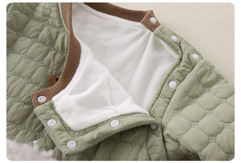 Green Quilted Baby Boys Romper Plush-Lined One-Piece with Cute Dog Pattern