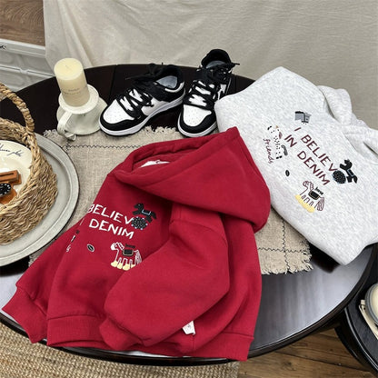 Boys Fleece-Lined Hoodie with Pony Design - Red & Grey Color Options