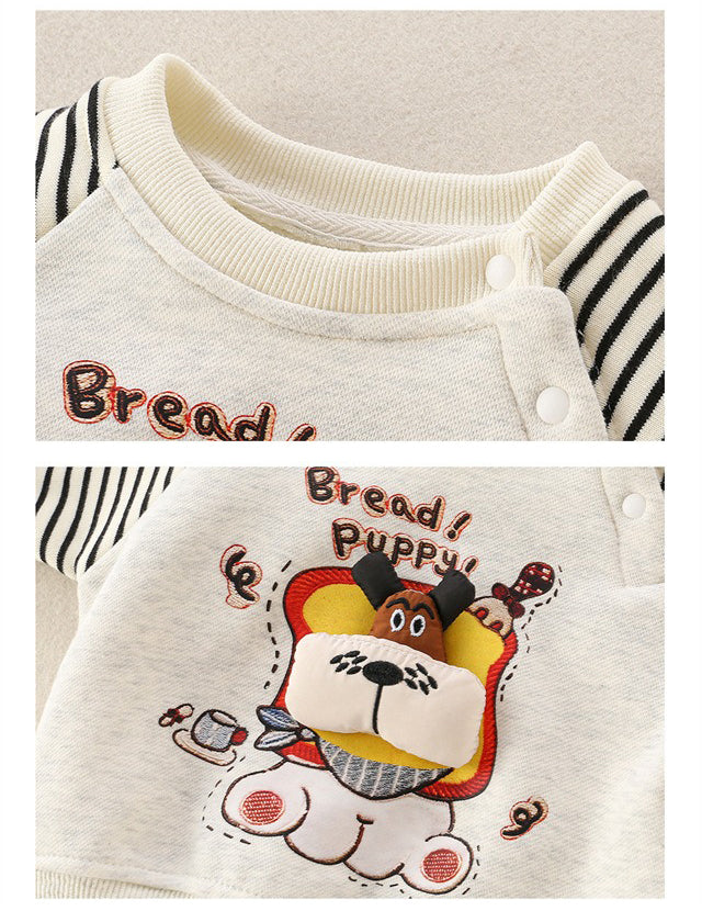 Baby Boy Two-Piece Set Outfit with 3D Dog Pattern Fleece-Lined Grey Pullover and Pants