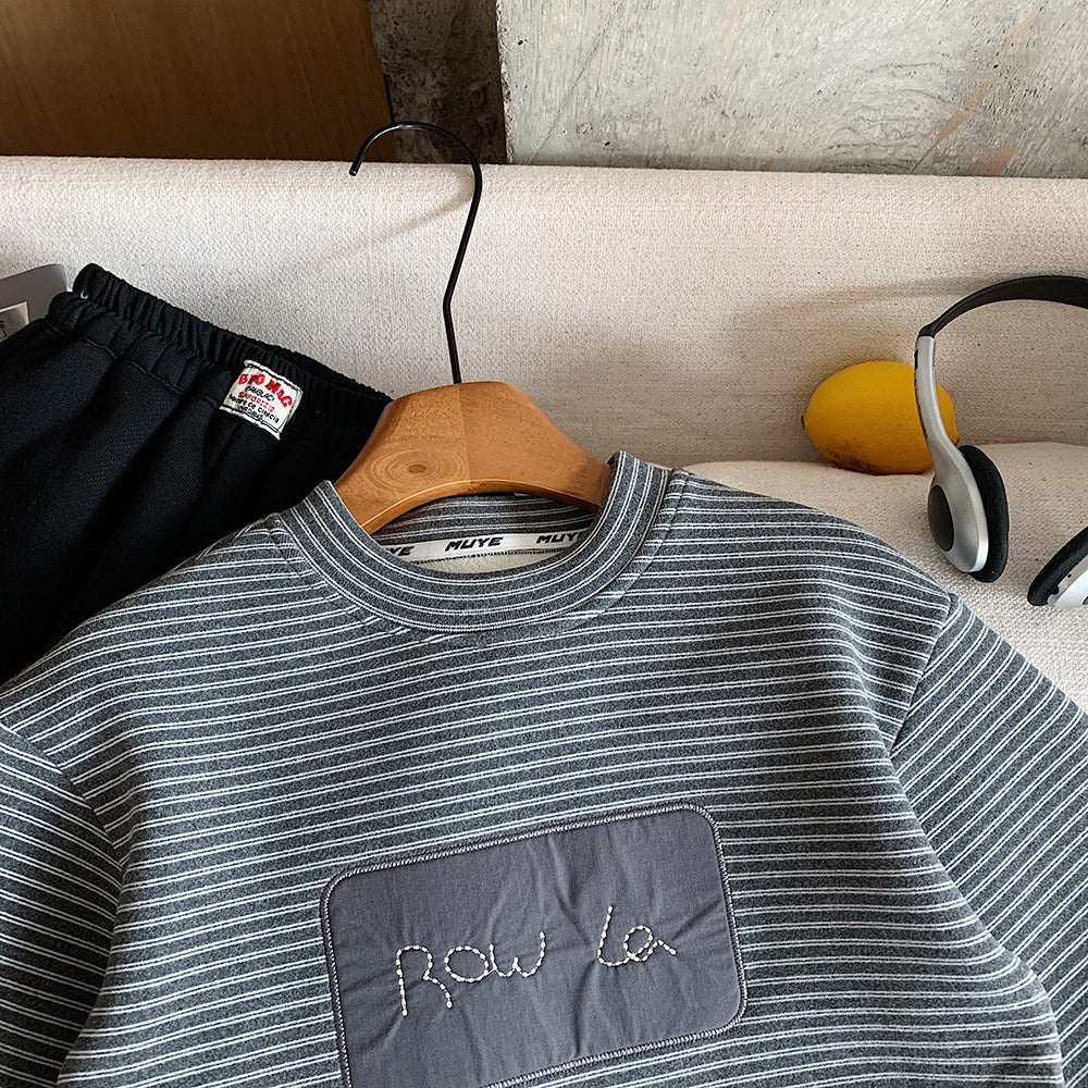 Boys Warm Long-sleeve Sweatshirt Fleece-Lined Striped Charcoal Gray Pullover