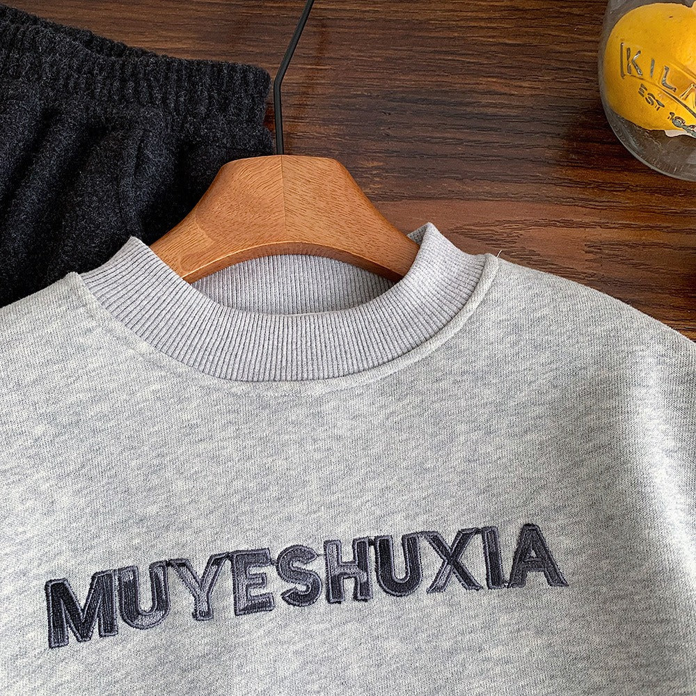 Boys Camo Sweatshirt Gray Fleece-Lined Pullover with Camouflage Sleeves