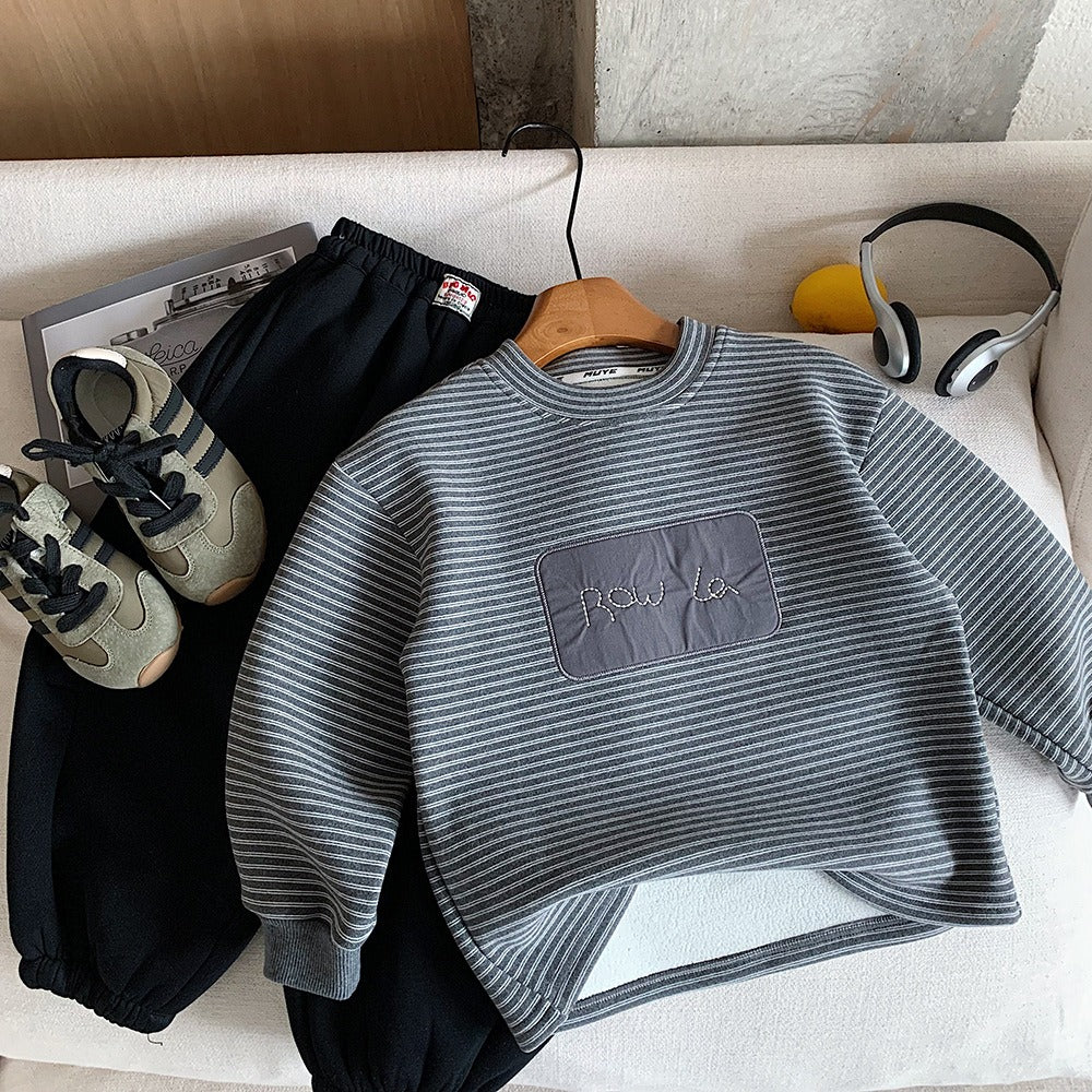 Boys Warm Long-sleeve Sweatshirt Fleece-Lined Striped Charcoal Gray Pullover