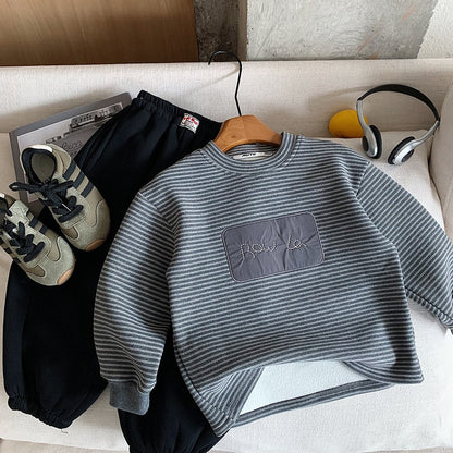 Boys Warm Long-sleeve Sweatshirt Fleece-Lined Striped Charcoal Gray Pullover