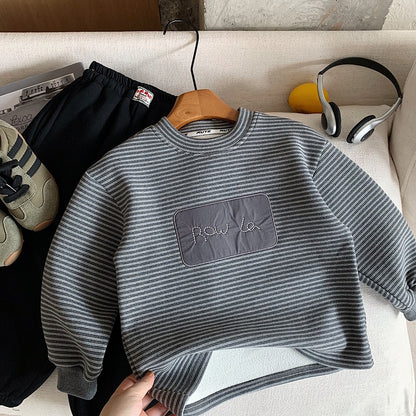 Boys Warm Long-sleeve Sweatshirt Fleece-Lined Striped Charcoal Gray Pullover