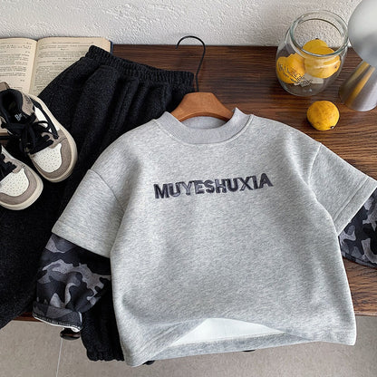 Boys Camo Sweatshirt Gray Fleece-Lined Pullover with Camouflage Sleeves