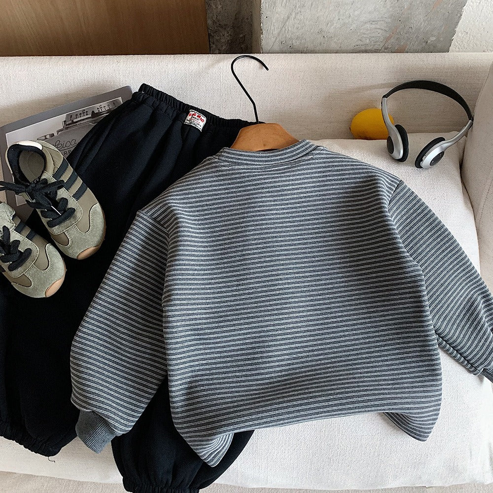 Boys Warm Long-sleeve Sweatshirt Fleece-Lined Striped Charcoal Gray Pullover