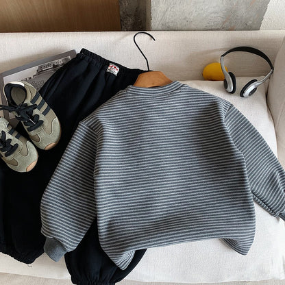 Boys Warm Long-sleeve Sweatshirt Fleece-Lined Striped Charcoal Gray Pullover