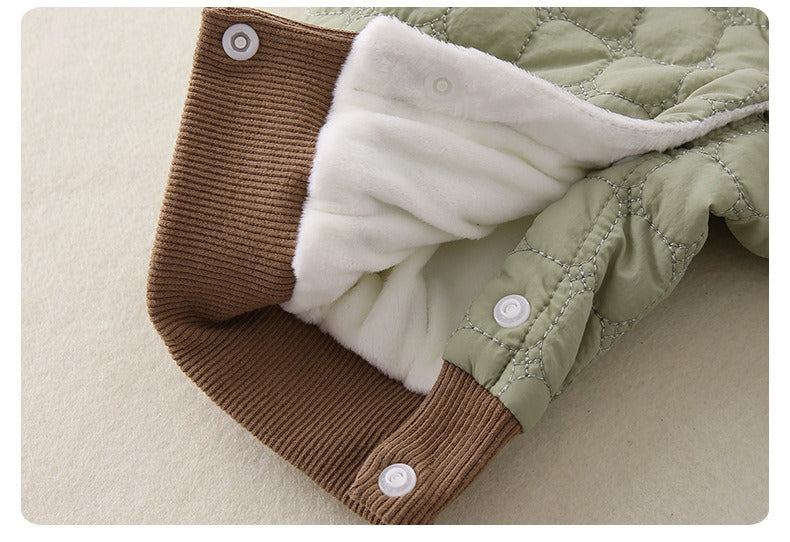 Green Quilted Baby Boys Romper Plush-Lined One-Piece with Cute Dog Pattern