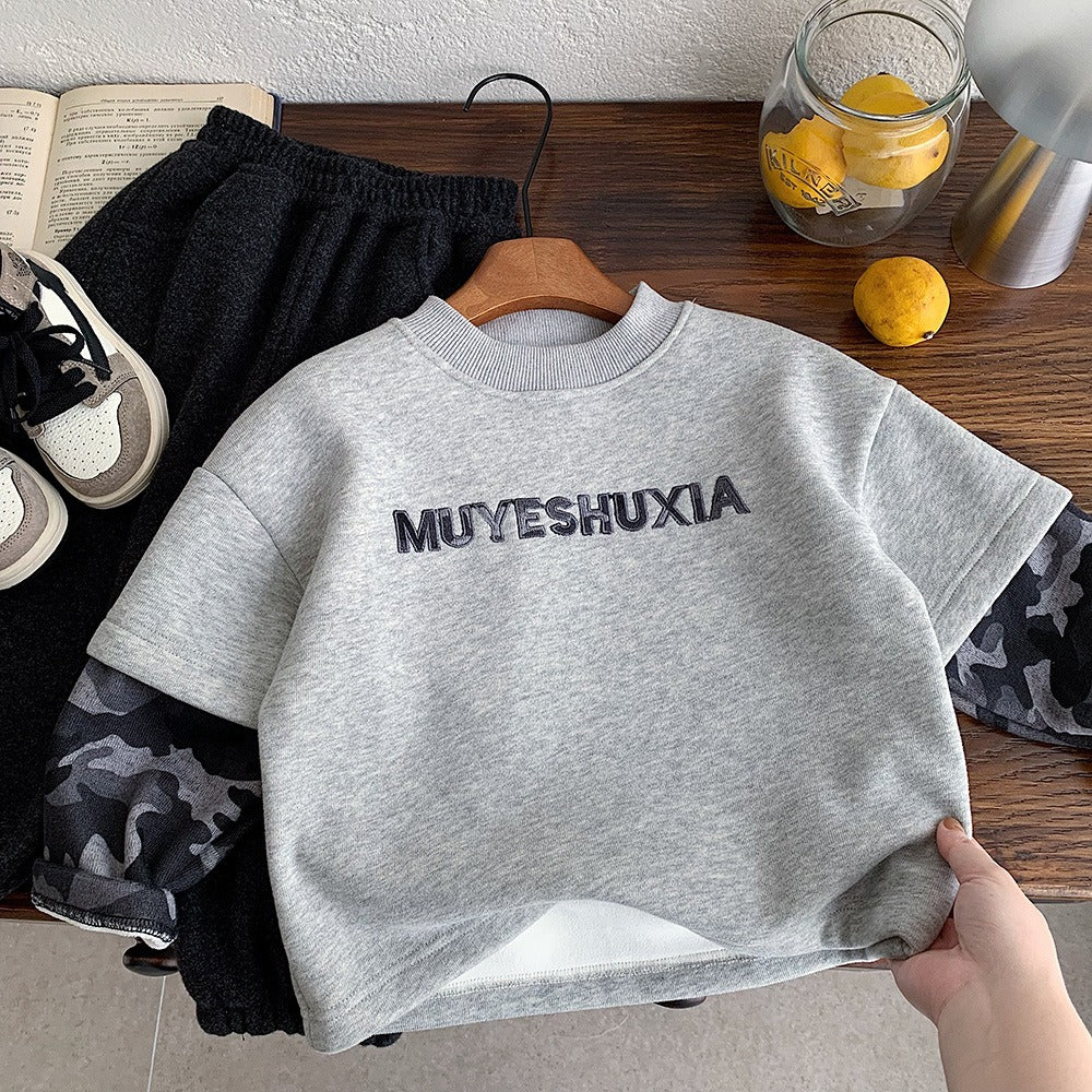 Boys Camo Sweatshirt Gray Fleece-Lined Pullover with Camouflage Sleeves