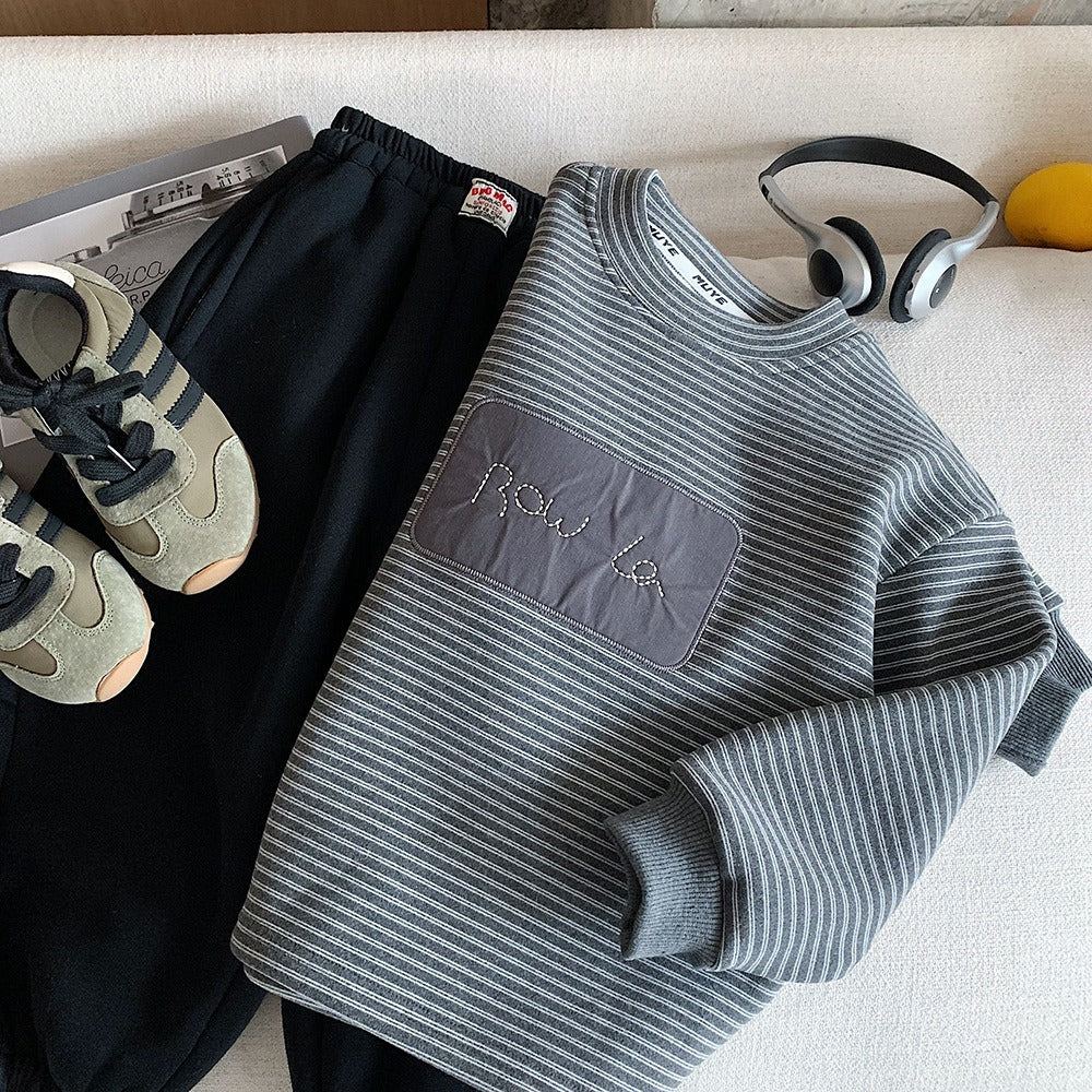 Boys Warm Long-sleeve Sweatshirt Fleece-Lined Striped Charcoal Gray Pullover