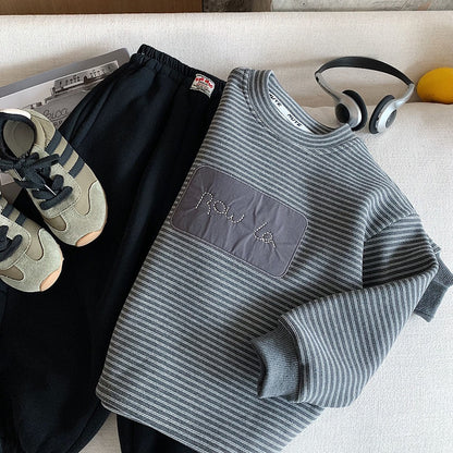 Boys Warm Long-sleeve Sweatshirt Fleece-Lined Striped Charcoal Gray Pullover