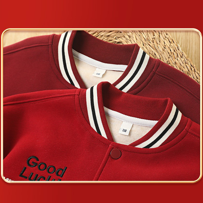 Classic Red & White Kids Embroidered Varsity Jacket Winter Fleece Coat