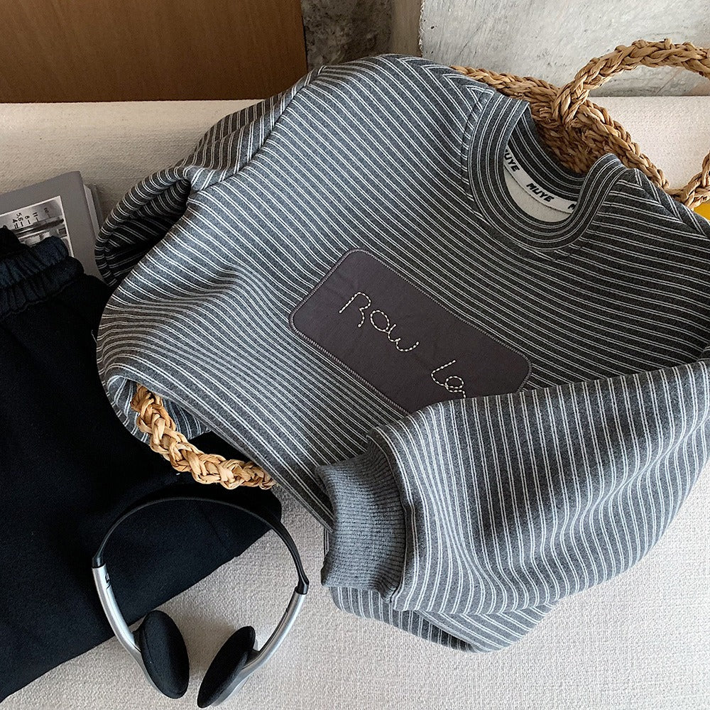 Boys Warm Long-sleeve Sweatshirt Fleece-Lined Striped Charcoal Gray Pullover