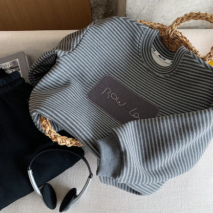 Boys Warm Long-sleeve Sweatshirt Fleece-Lined Striped Charcoal Gray Pullover