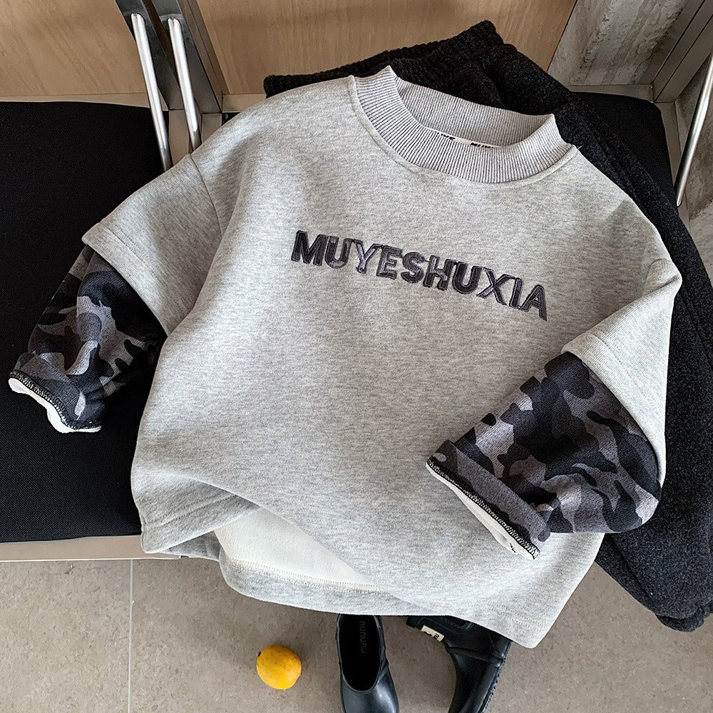Boys Camo Sweatshirt Gray Fleece-Lined Pullover with Camouflage Sleeves