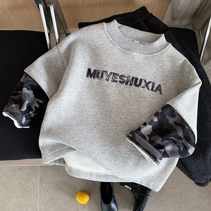 Boys Camo Sweatshirt Gray Fleece-Lined Pullover with Camouflage Sleeves