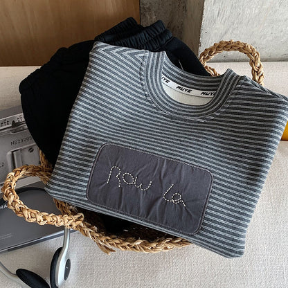 Boys Warm Long-sleeve Sweatshirt Fleece-Lined Striped Charcoal Gray Pullover