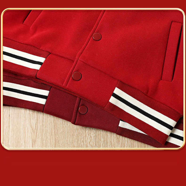 Classic Red & White Kids Embroidered Varsity Jacket Winter Fleece Coat