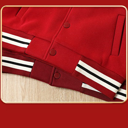 Classic Red & White Kids Embroidered Varsity Jacket Winter Fleece Coat