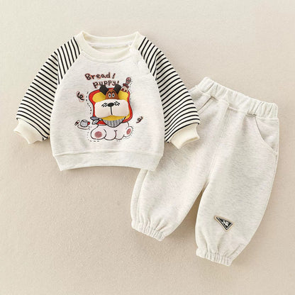Baby Boy Two-Piece Set Outfit with 3D Dog Pattern Fleece-Lined Grey Pullover and Pants