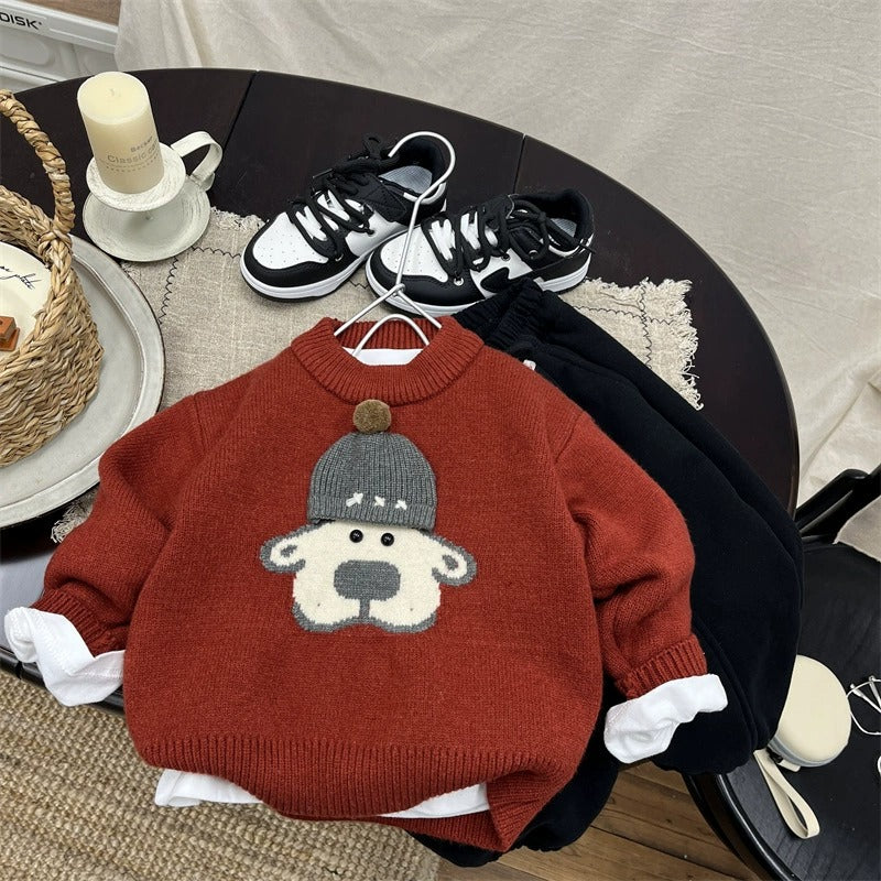Boys Red Knit Fleece Sweater Round Neck Top with Dog-in-Hat Decor