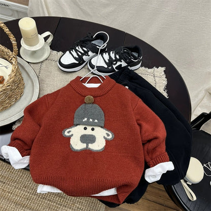 Boys Red Knit Fleece Sweater Round Neck Top with Dog-in-Hat Decor