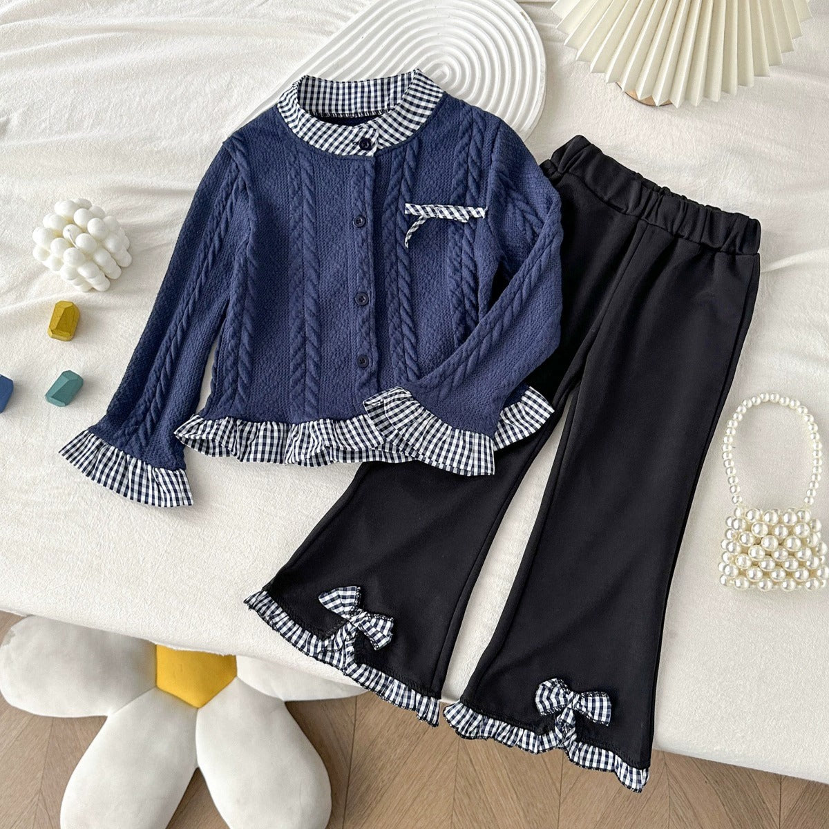 Girls Navy Blue Knit Cardigan and Flared Pants Fashion 2-Piece Set for 2T-8 Years