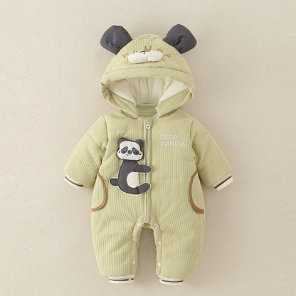 Baby Warm Padded Romper Olive Green One-Piece with Detachable Hood